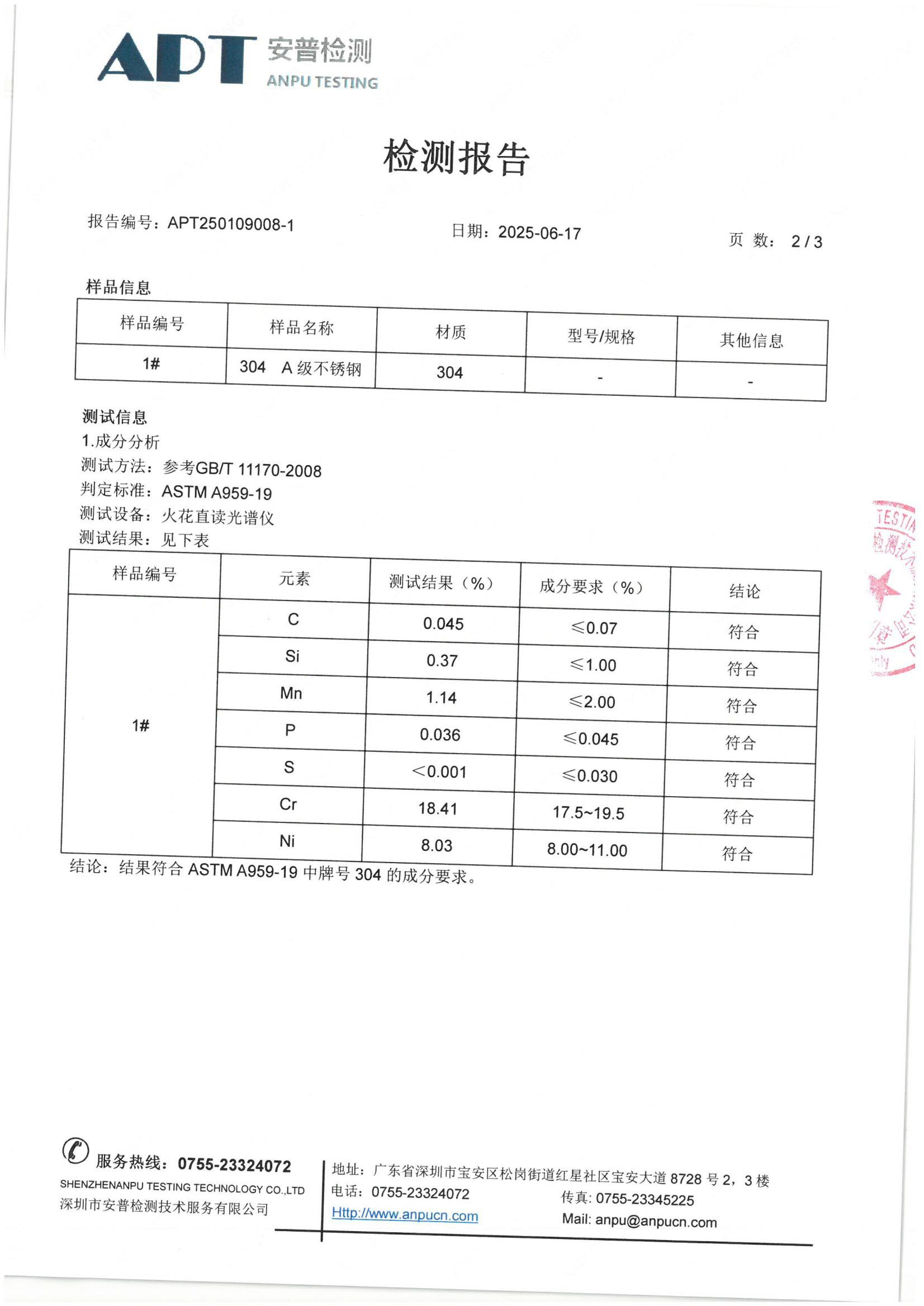  成分分析检测报告